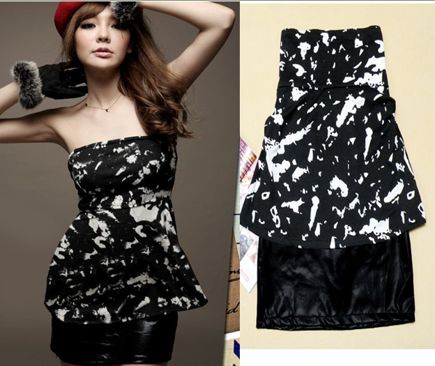 Free shipping Faux two piece slim hip sexy leather juxtaposition e5318 tube top dress