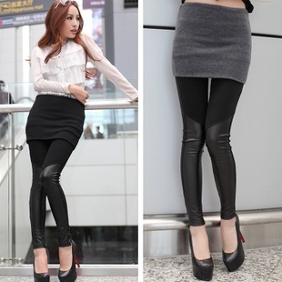 Free Shipping Female Black Faux Leather Cotton Patchwork Slim Hip Culottes Legging