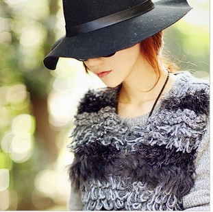 free shipping Female black pure woolen fedoras big hat brim hat