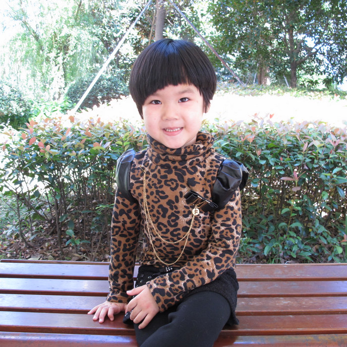 Free shipping Female child fleece turtleneck sweatshirt child leopard print basic shirt female child pullover thermal clothing
