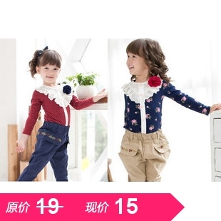 Free Shipping Female child large laciness knitted basic shirt girl shirt flower basic shirt 29.9