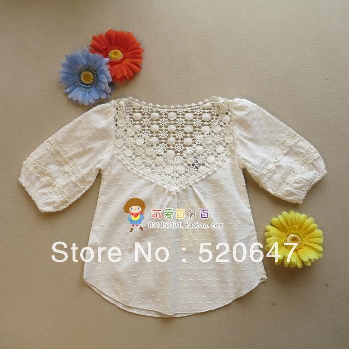 Free shipping female child white jacquard shirt lace cutout 100% cotton cloth 6 quarter sleeve top
