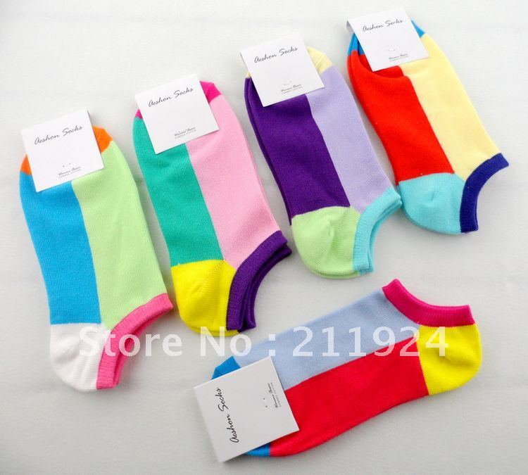 Free shipping female color block sock slippers invisible socks 100% cotton color block decoration shallow mouth socks