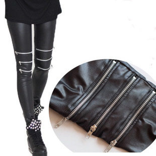 Free shipping, female faux leather knee zipper legging zipper faux leather legging plus size available