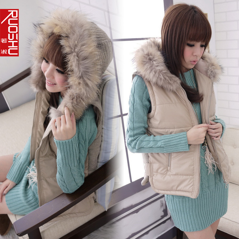 Free Shipping Female fox fur hooded skull vest water washed leather yarn clip cotton vest outerwear