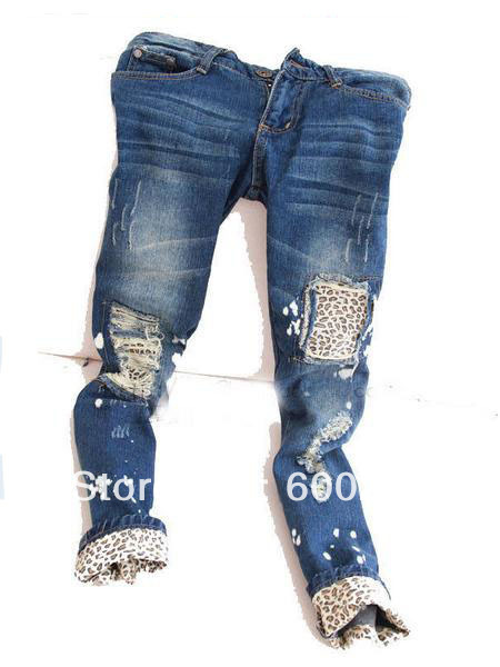 Free shipping Female leopard print wearing white retro finishing hole butt-lifting pencil jeans roll up hem applique 5239