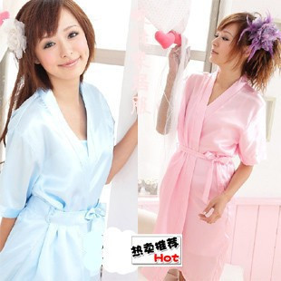 Free Shipping Female lounge faux silk sleepwear sexy short-sleeve twinset robe spaghetti strap nightgown kimono set red