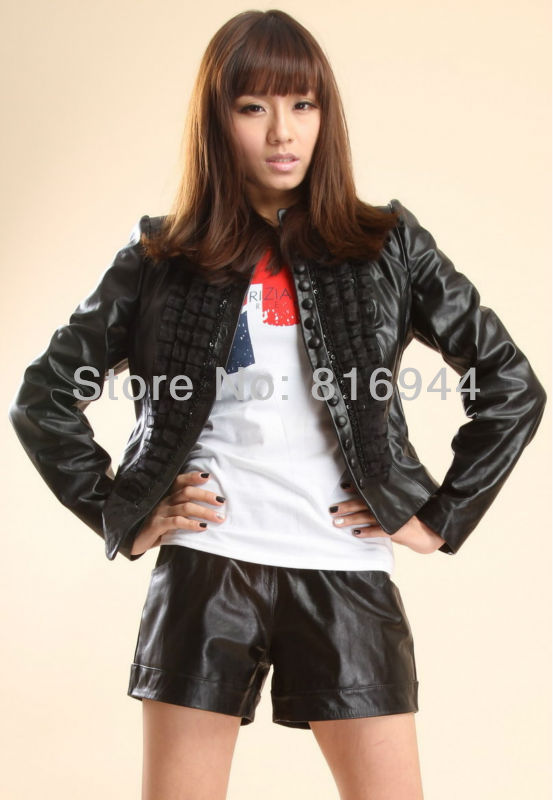 Free shipping female models short the leather buttons lace goat Phi clothing women leather jacket