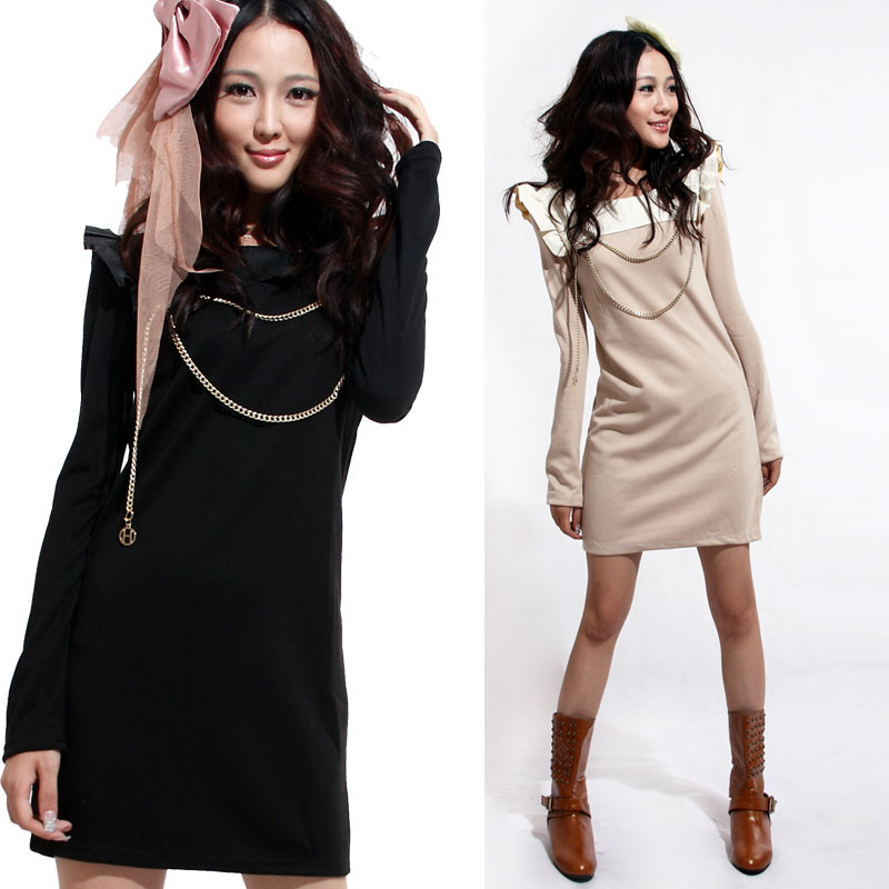 Free Shipping+ Female new arrival soft leather ruffle yuehao lanyards long-sleeve slim one-piece dress 11932