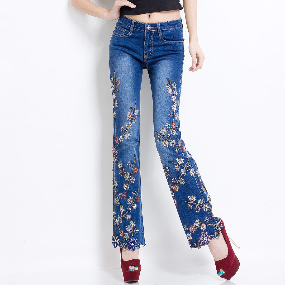 Free Shipping female retro hole butt-lifting jeans roll up autumn genuine  large code self-cultivation manual pants3 - 3125