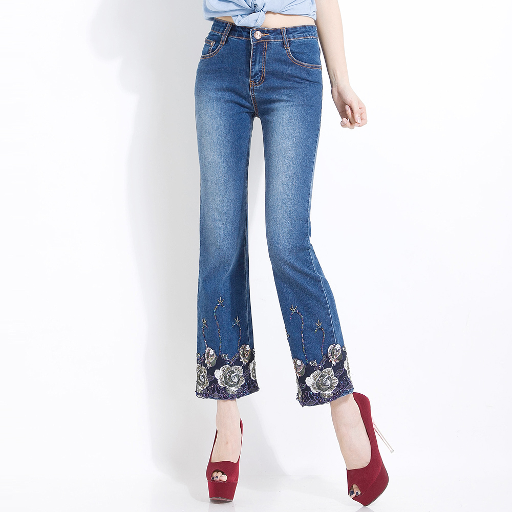 Free Shipping female retro hole butt-lifting jeans roll up blue ocean style elastic thin bead embroidery  nine pants2 - 528