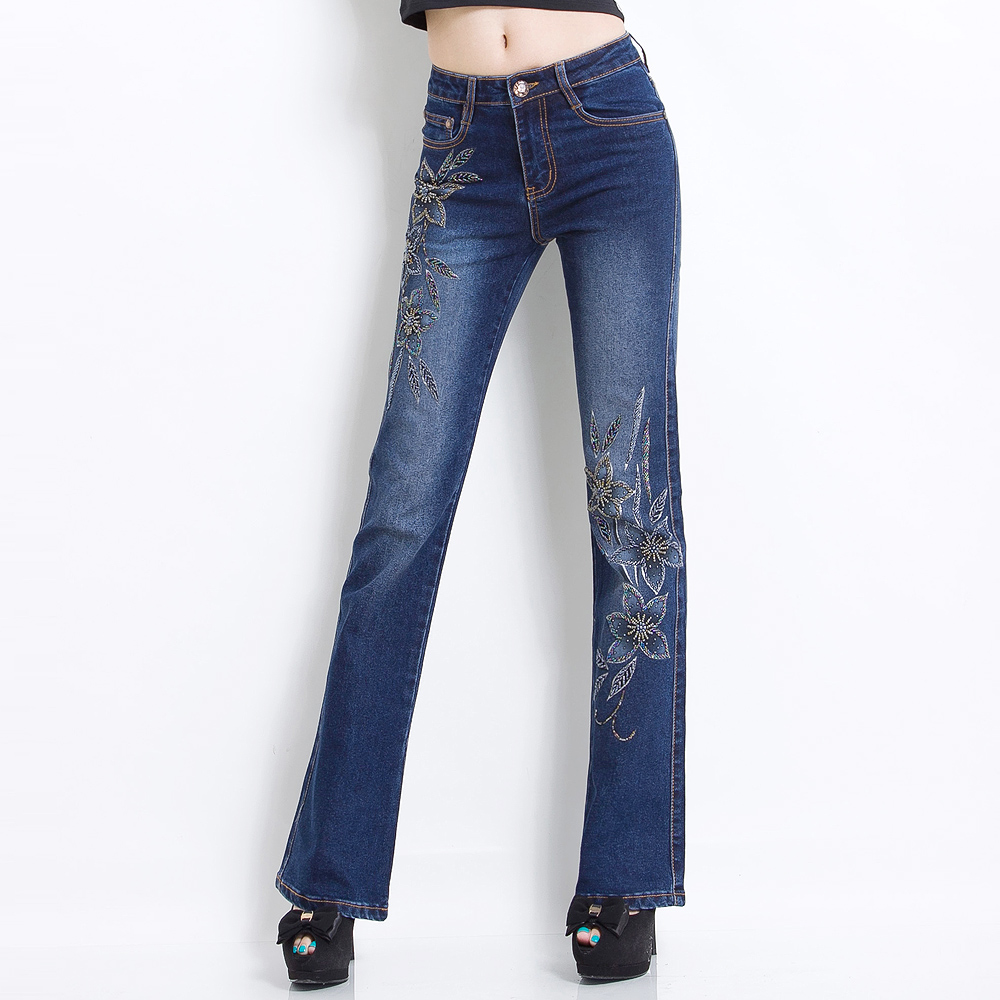 Free Shipping female retro hole butt-lifting jeans roll up blue stretch hand beaded ladies denim slightly flared pants3 - 3090