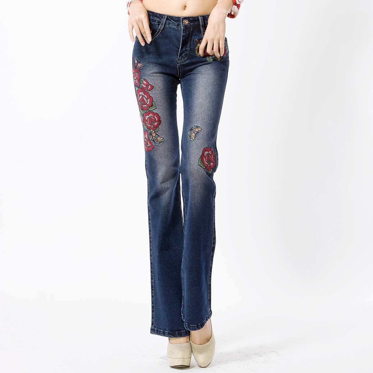 Free Shipping female retro hole butt-lifting jeans roll up embroidery stretch slim hips micro horn in lumbar code pants3 - 3108