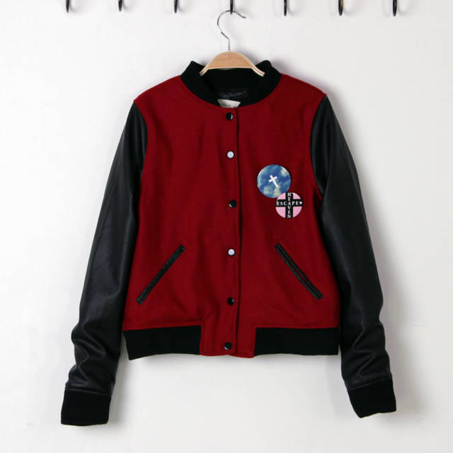 Free shipping  female sports color block leather jacket outerwear vintage badge short design baseball clothing