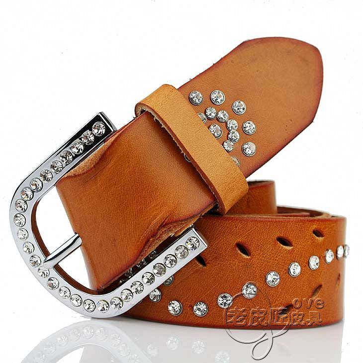 Free shipping Female strap genuine leather diamond women's strap fashion flower belt rhinestone mere loin a genuine leather