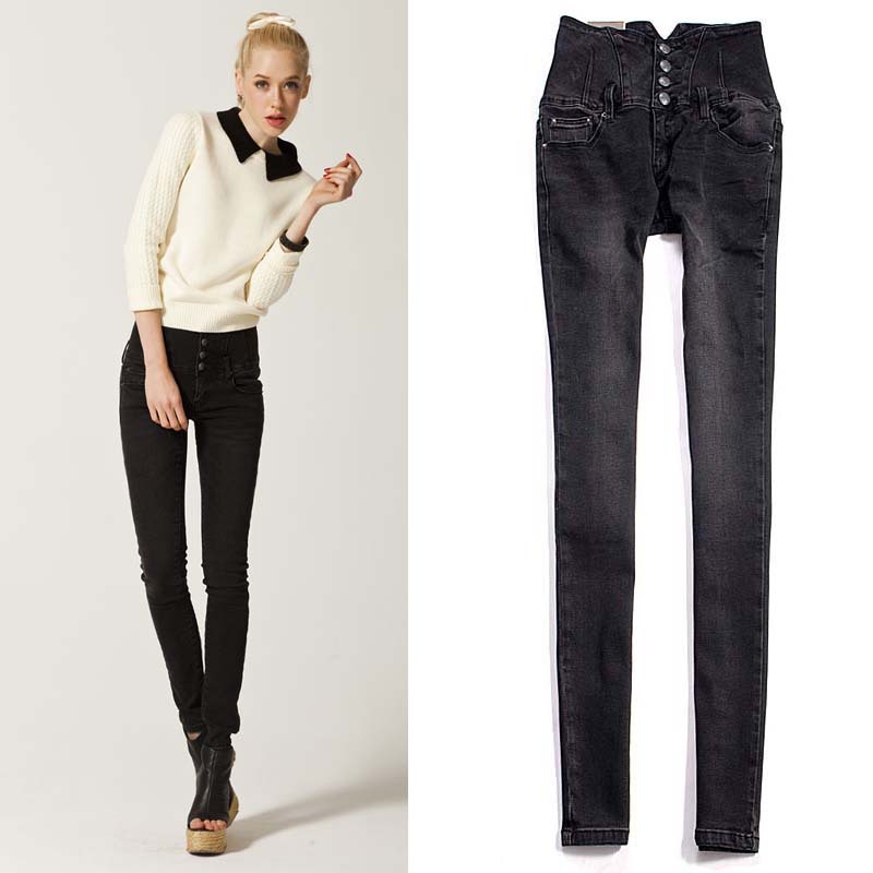 free shipping female trouseres 12 reminisced black women's pencil jeans slim high-waisted type