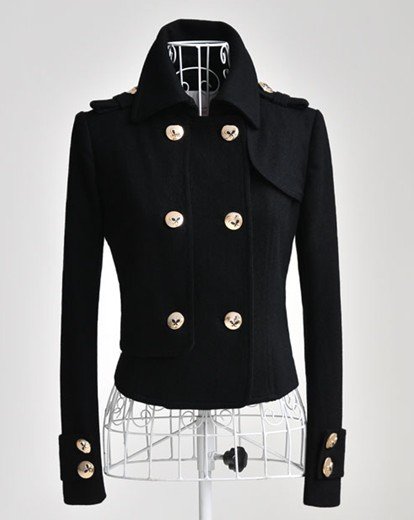 Free Shipping Fine Quality Gold Button Turn-down Collar Woolen Short Coat Black