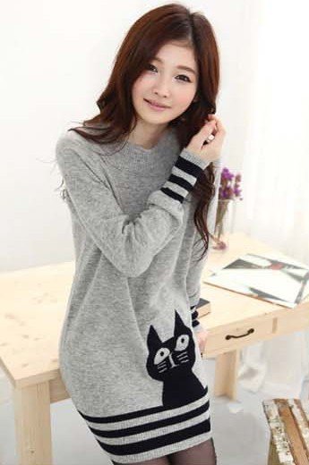 Free Shipping Fine Quality Loose Korean Cat Printed Round Collar Long Sweater  Grey