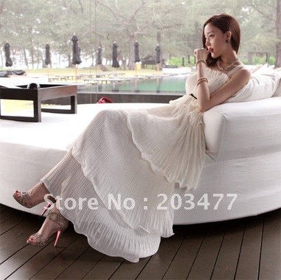 Free shipping Fish bone big skirt chiffon spaghetti strap one-piece dresses pleated cake puff skirt women's retail