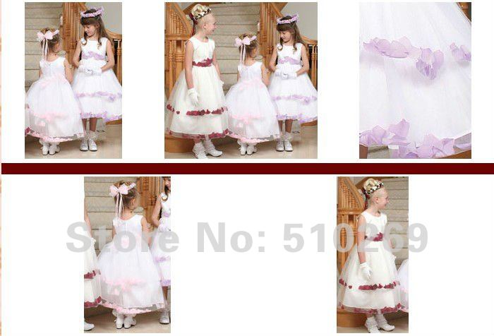 Free Shipping FL-15 Custom-made Beautiful Embroidery Mix Color  Sleevelesss Satin Flower Girl Dresses