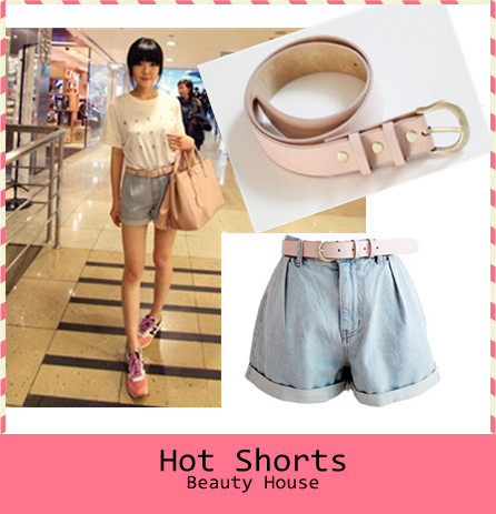 Free shipping Flanging light-colored folds of the latest high waist denim shorts (with pale pink belt) F0230