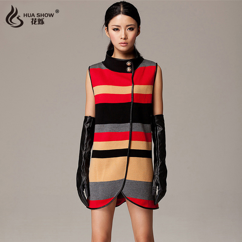 FREE SHIPPING Flower high quality women's stand collar multicolour stripe sleeveless slim sweater knitted outerwear m661