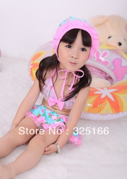 Free shipping Flower three pieces swimsuit kids printing swimwear with hat children clothes wholesale  3pcs/set