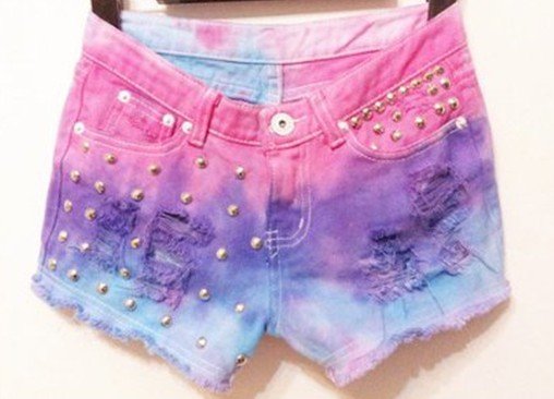 Free shipping fluorescence gradients denim shorts tie dye technis burrs jeans shorts 656