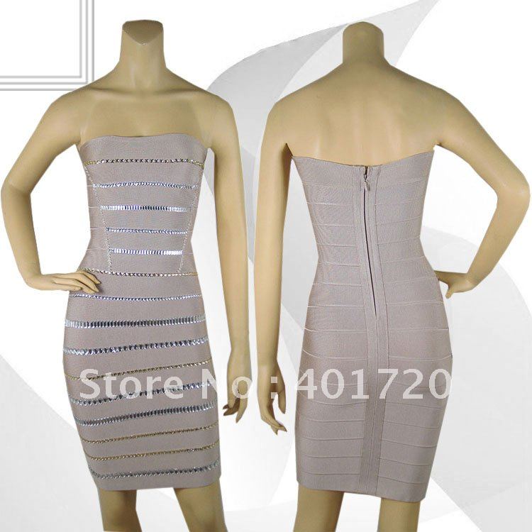 Free Shipping For Apac Region  HL Bandage Dress M020 Beaded Gray Strapless Mini Evening Dress Party Dress Celebrities Dress