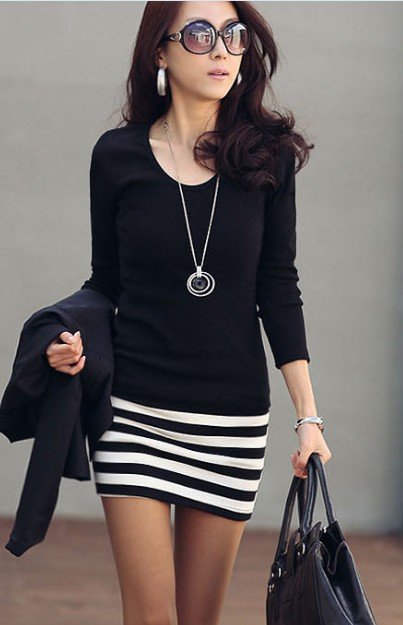 free shipping for Autumn women ladies' long sleeve dress, stripped casual dress promotion black color