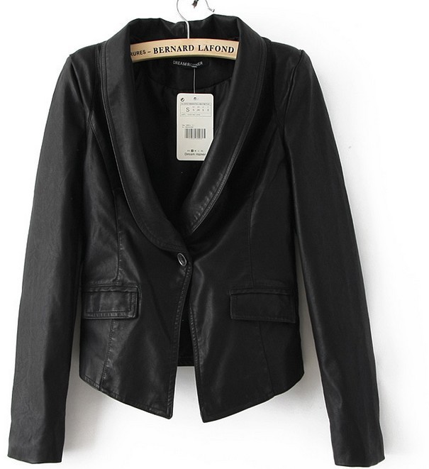 Free Shipping For leather coat Shawl collar shoulder pads a grain of buckle leather small coat S M L