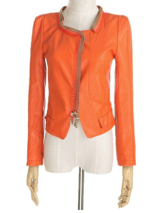 Free Shipping For  Pure color joker handsome lady's leather coat  M L black orange