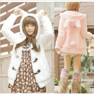 free shipping for women berber Fleece warm coat with Rabbit ears design 2color for choosing(pink and Ivory)