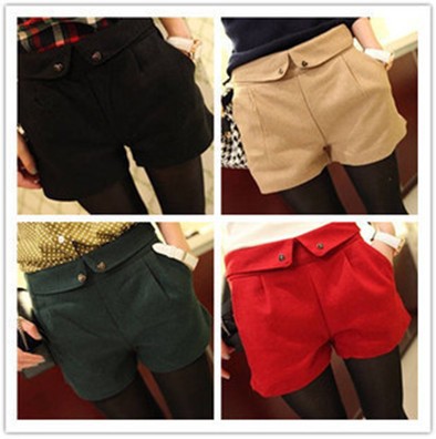Free Shipping Four Colors Autumn Winter Women's Wool Straight Plus Large Casual Shorts, Flanging design of shorts