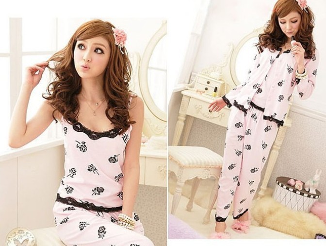 FREE SHIPPING Four season, woman pure cotton pink pajamas, sexy lace lovely braces leisure wear three-piece suit
