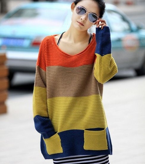 Free shipping Fouterwear plus size clothing loose japanese style casual color stripe cutout shirt sweater