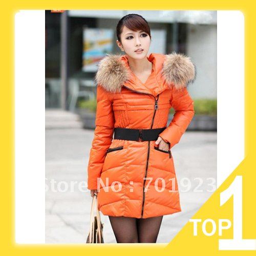 FREE SHIPPING FREE BELT 2012 winter luxury large fur collar thickening down coat ladies medium-long jacket outwear Y2654