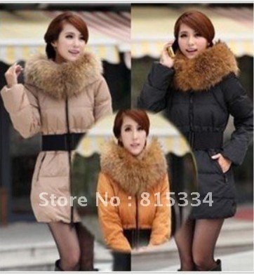 Free shipping  free belt  ultra large luxurious fur collar slim women medium-long down coat,real fur down jacket,warm overcoat