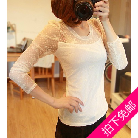 free shipping free shipping 2013 spring lace gauze chiffon strapless puff sleeve slim women's long-sleeve T-shirt basic shirt