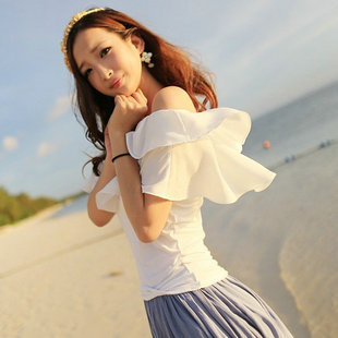 free shipping free shipping 2013 summer lourie sweet double layer ruffle slit neckline strapless slim t-shirt chiffon shirt