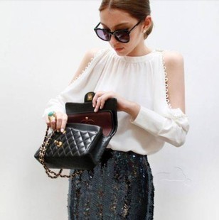 free shipping free shipping Autumn elegant sexy strapless pearl chiffon shirt button ladies long-sleeve T-shirt draw