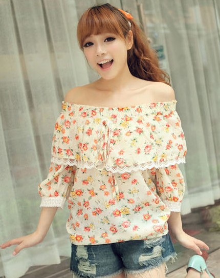 free shipping free shipping Spring basic shirt t-shirt female chiffon lace long-sleeve T-shirt Women strapless puff sleeve loose