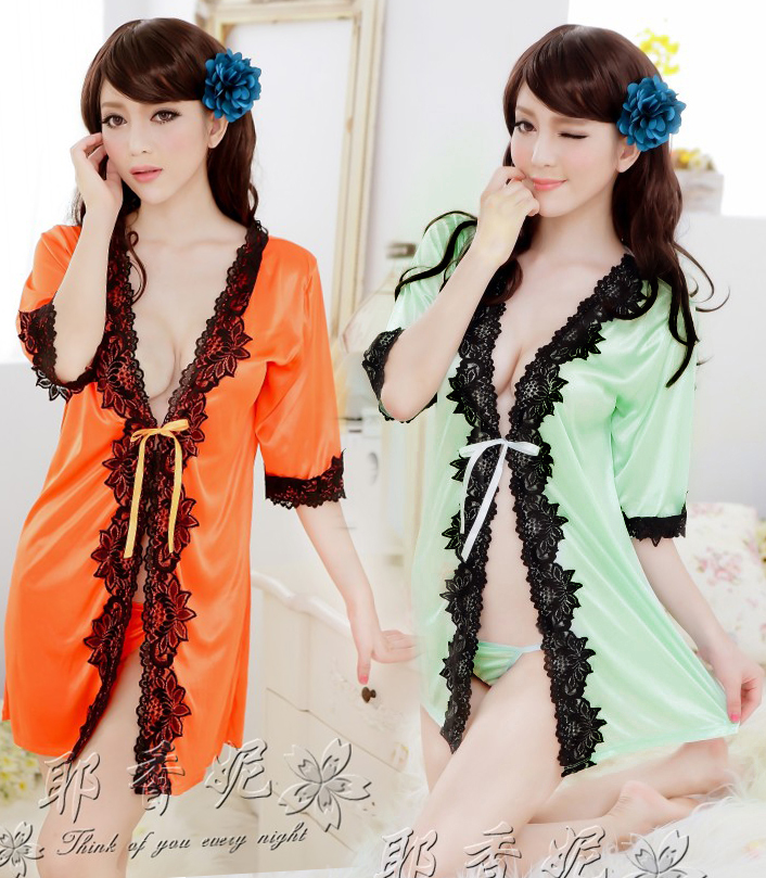 free shipping free shipping Summer sexy sleepwear female temptation anti silk translucent robe bathrobes nightgown lace twinset