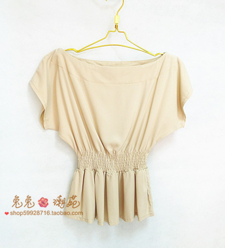 free shipping free shipping Vintage strapless slit neckline high waist ruffle waist chiffon batwing sleeve pullover t-shirt