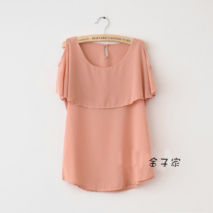 free shipping free shipping Women's strapless ruffle collar chiffon shirt behind pearl button chiffon t-shirt