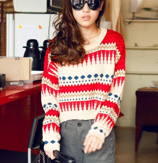 Free shipping-free size fashion sweaters  National trend vintage stripe rabbit hair blended fabric ladies' pullovers