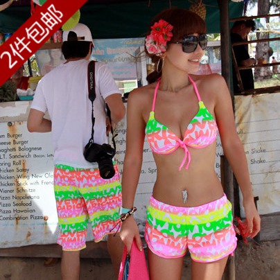 free shipping freeshipping Lovers set neon letter lovers beach pants quick-drying pants bikini twinset steel