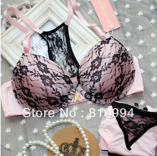 free shipping front button lace push up bra set women's deep V-neck sexy bra and panties