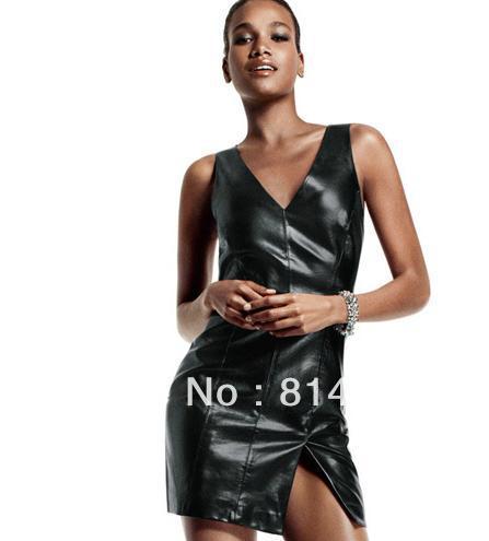 Free    shipping   Front side vents of the PU leather cultivate one's morality dress hollow out design on back