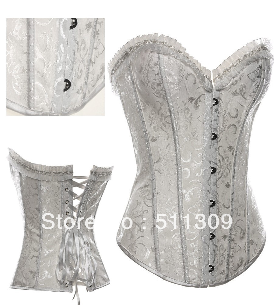 Free Shipping Full  brocade Corset, Back Lace Up, 2615 white/black